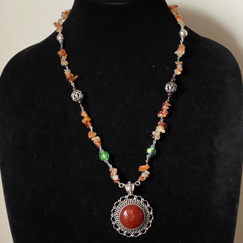 Sterling silver 925 Carnelian pendant necklace, "Fiery Splendor" Indonesia